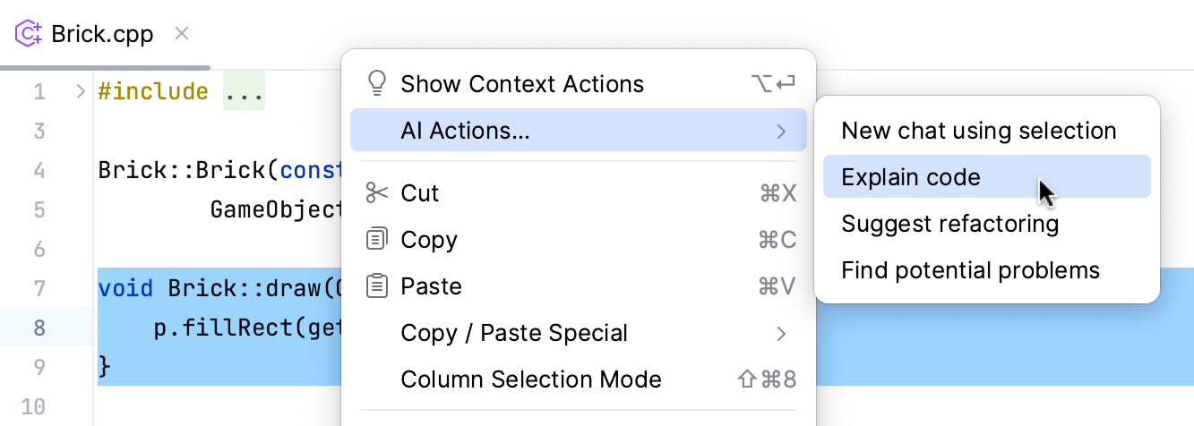 AI Assistant actions - Explain Code