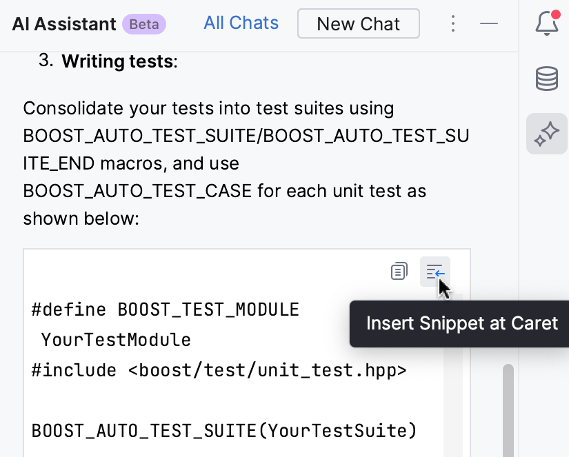 Inserting the AI-generated code at caret