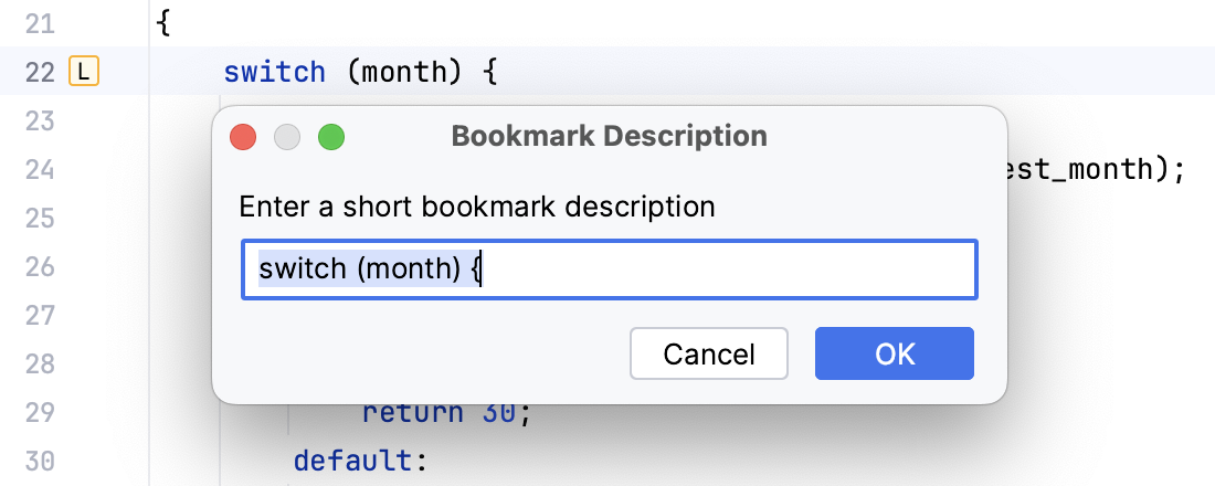 Renaming a bookmark in the editor