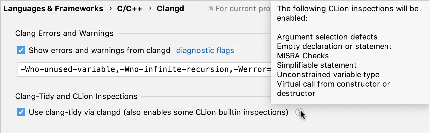 Inspection enabled automatically when Use clang-tidy via clangd is on