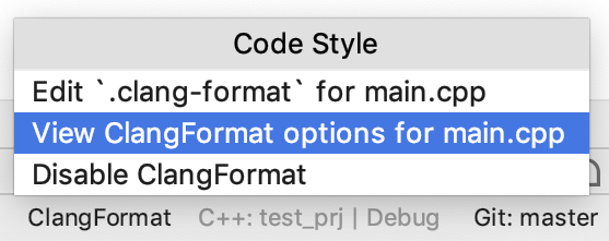 view ClangFormat settings for a file