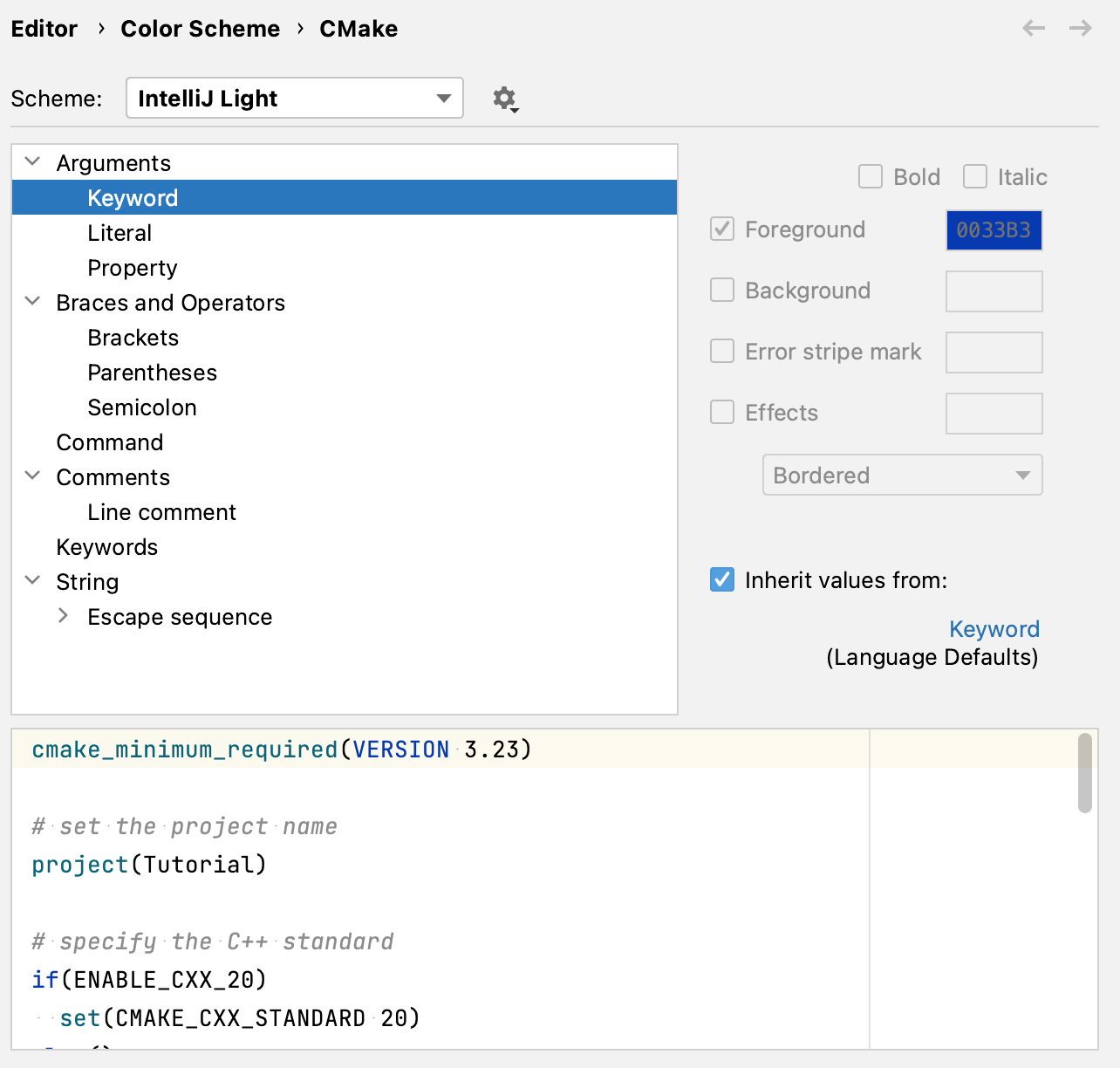 Color scheme settings for CMake