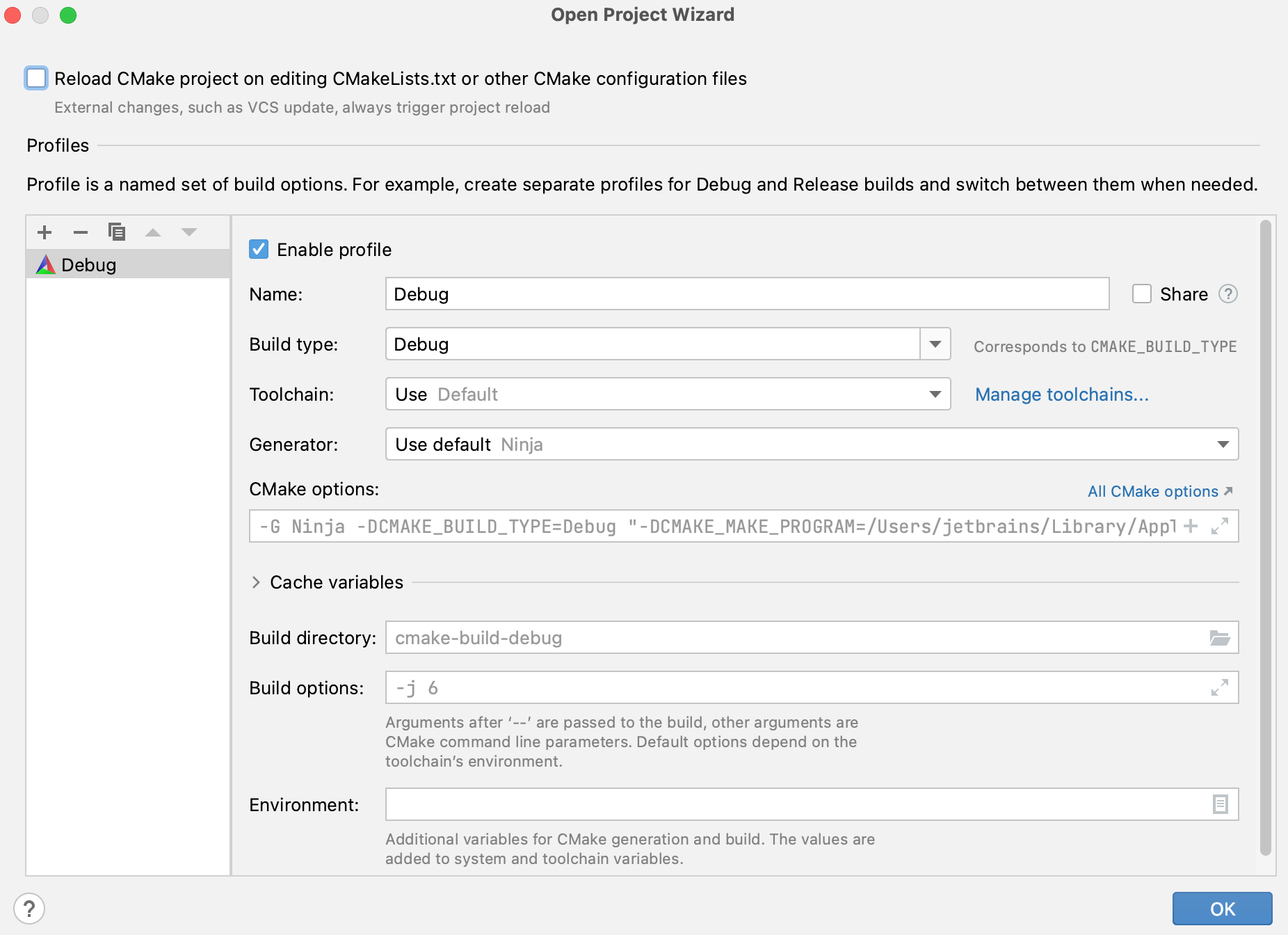 Default CMake profile settings