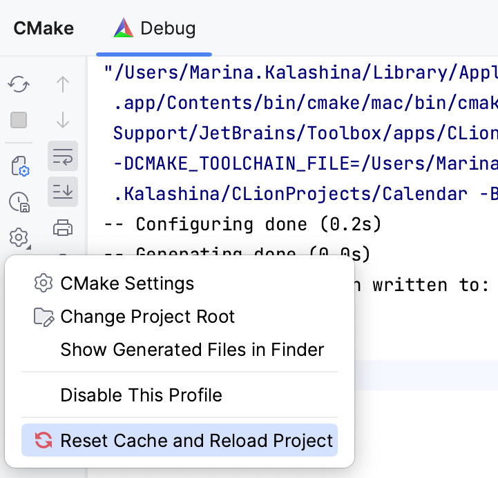 Reset Cache and Reload Project option in the CMake tool window
