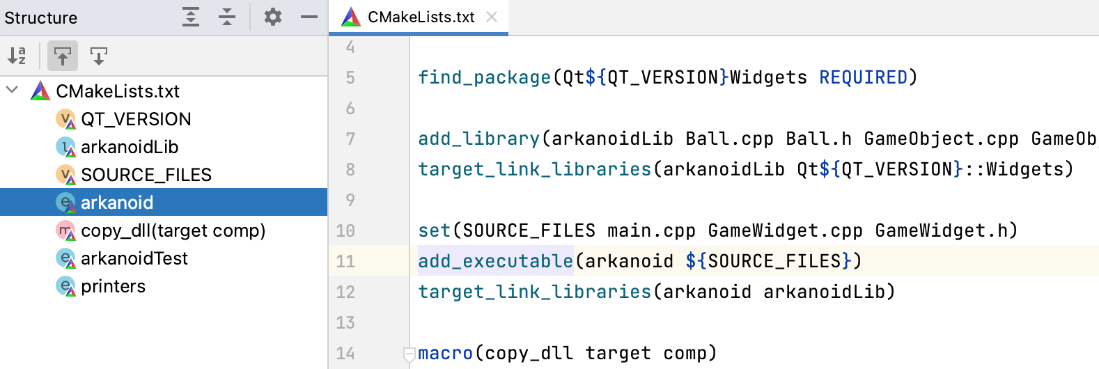 Structure view for CMake