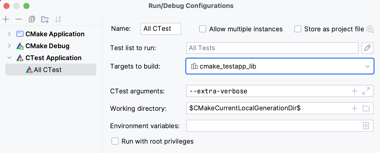 CTest configuration - changing the target