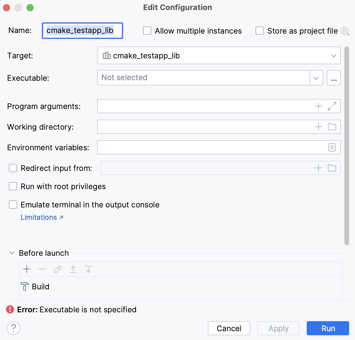 Executable not specified error