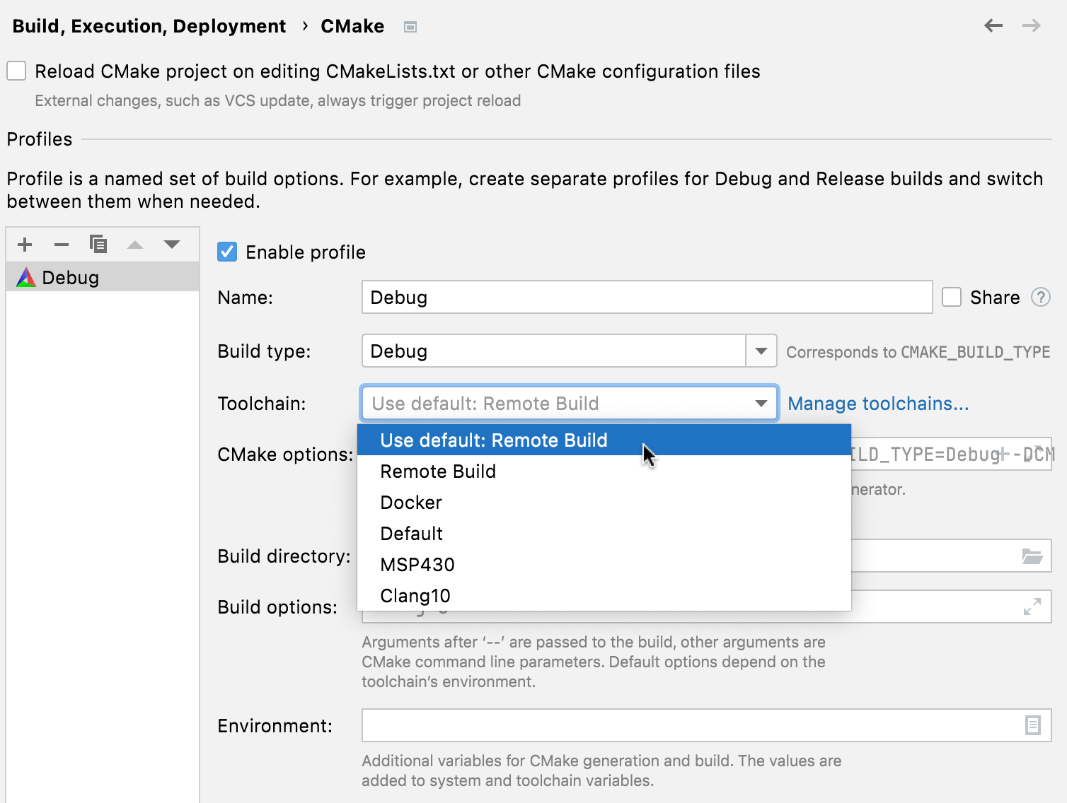 Settings the build toolchain in CMake profile