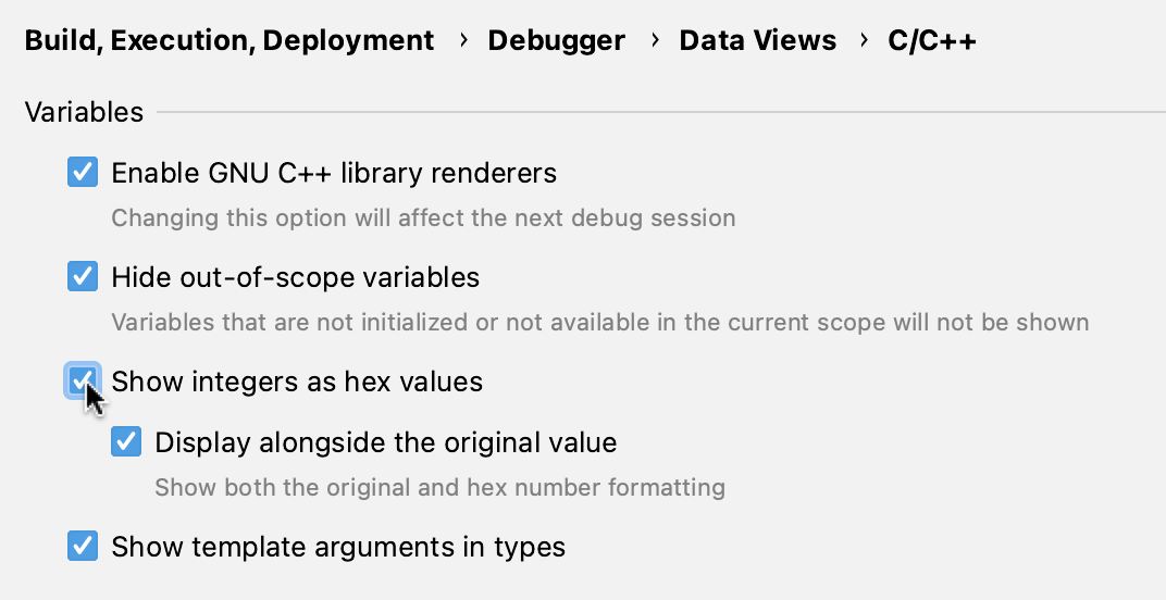 Enabling hex view in debugger settings