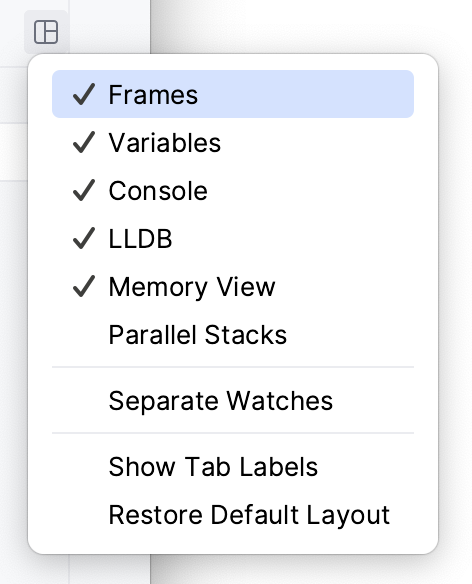 Debugger tool window tabs menu