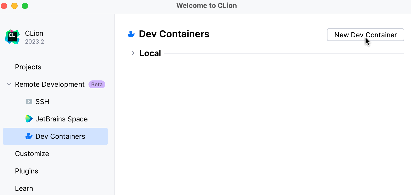 New dev container from CLion welcome screen