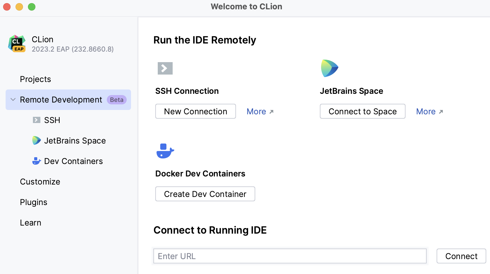 Configuring remote development settings on Welcome screen