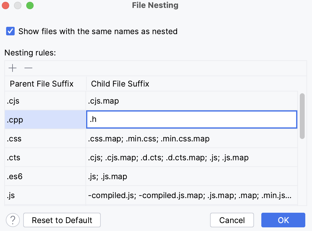 the File Nesting dialog