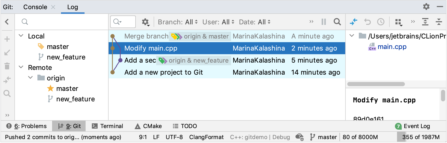 The Git Log tab