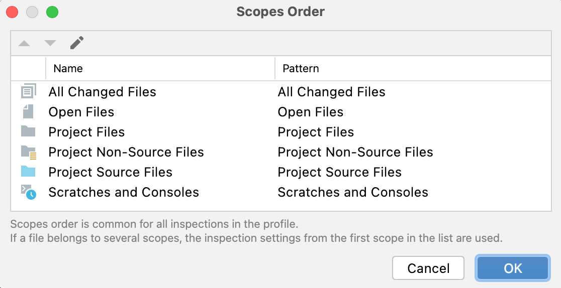 Changing the order of scopes dialog