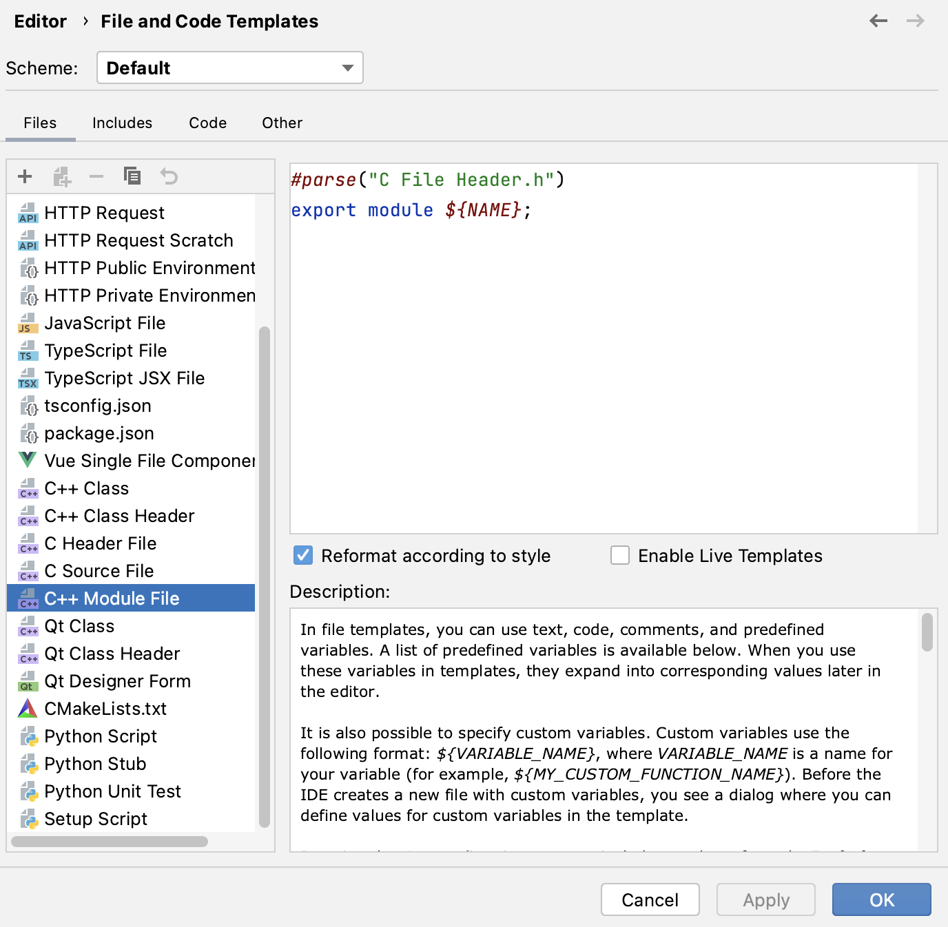 C++ Module file template settings