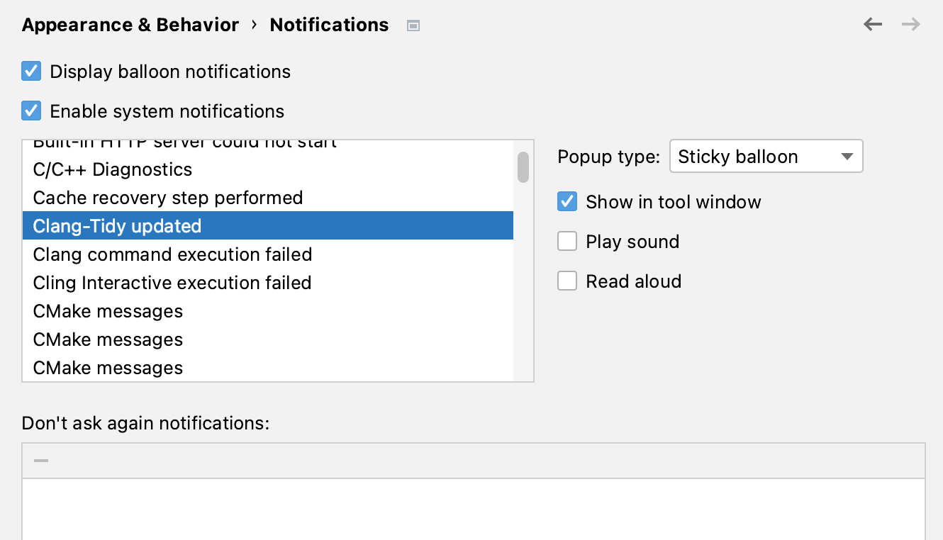 Notifications settings