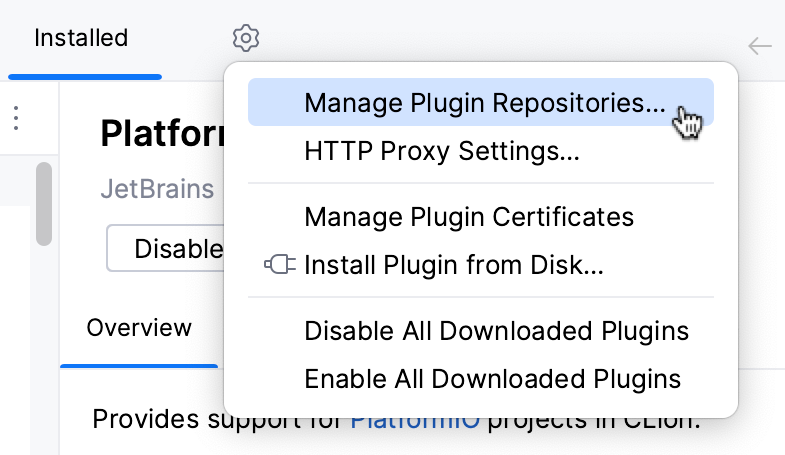 The Manage plugin repositories menu