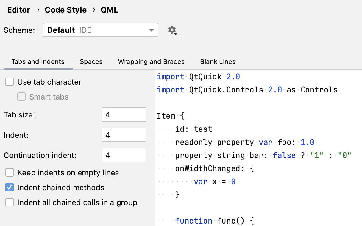 Code style settings for QML