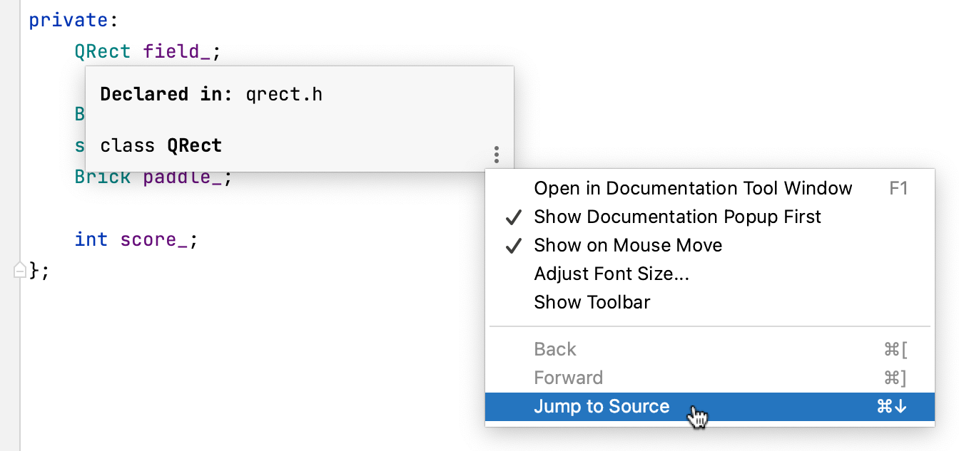 Jump to Source in the documentation popup