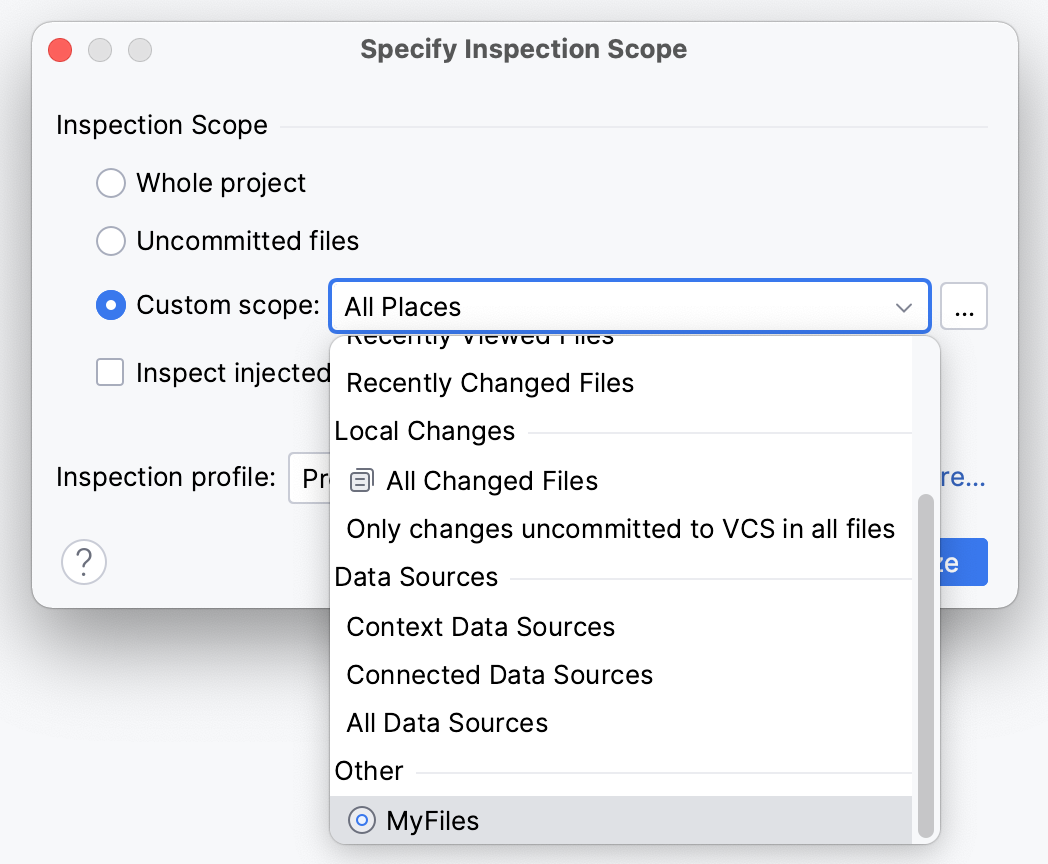 Scope in Inspect Code dialog
