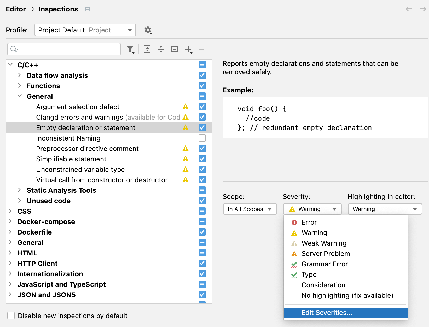 Severity selector in the inspections settings