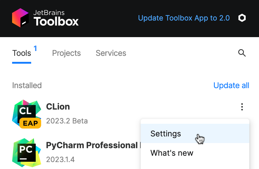 CLion settings in JetBrains Toolbox