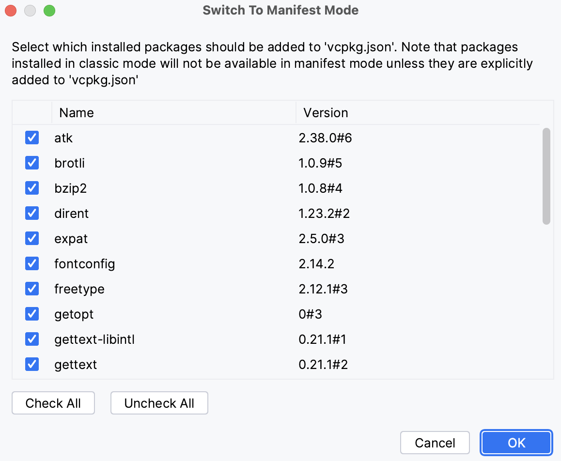 Packages to be added to vcpkg.json