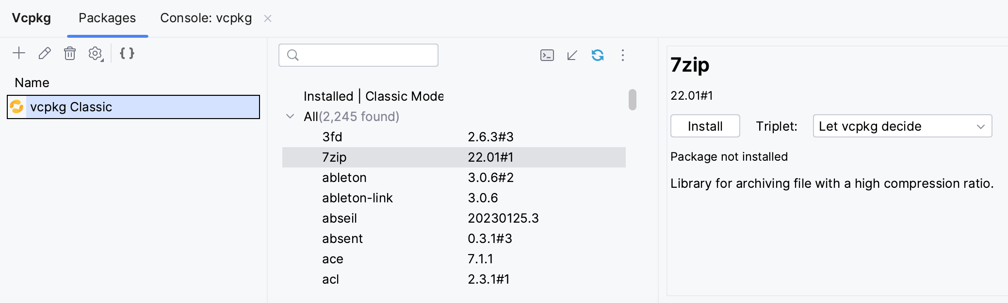 Vcpkg tool window