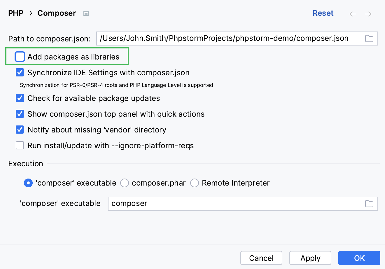 Clear Add packages as libraries checkbox