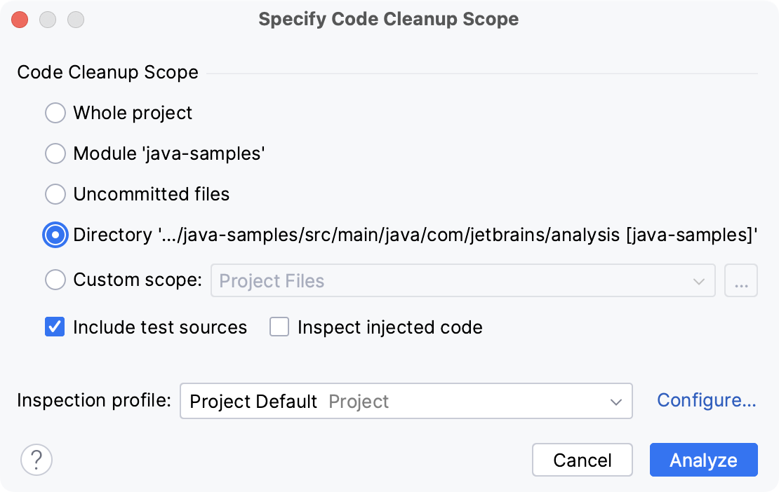 the Specify Code Cleanup Scope dialog
