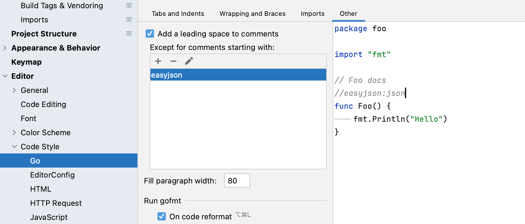 Configure leading spaces for comments in Go
