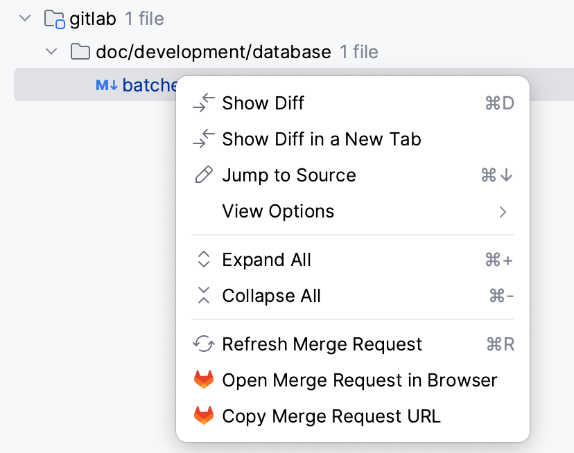 Context menu of a file in merge request