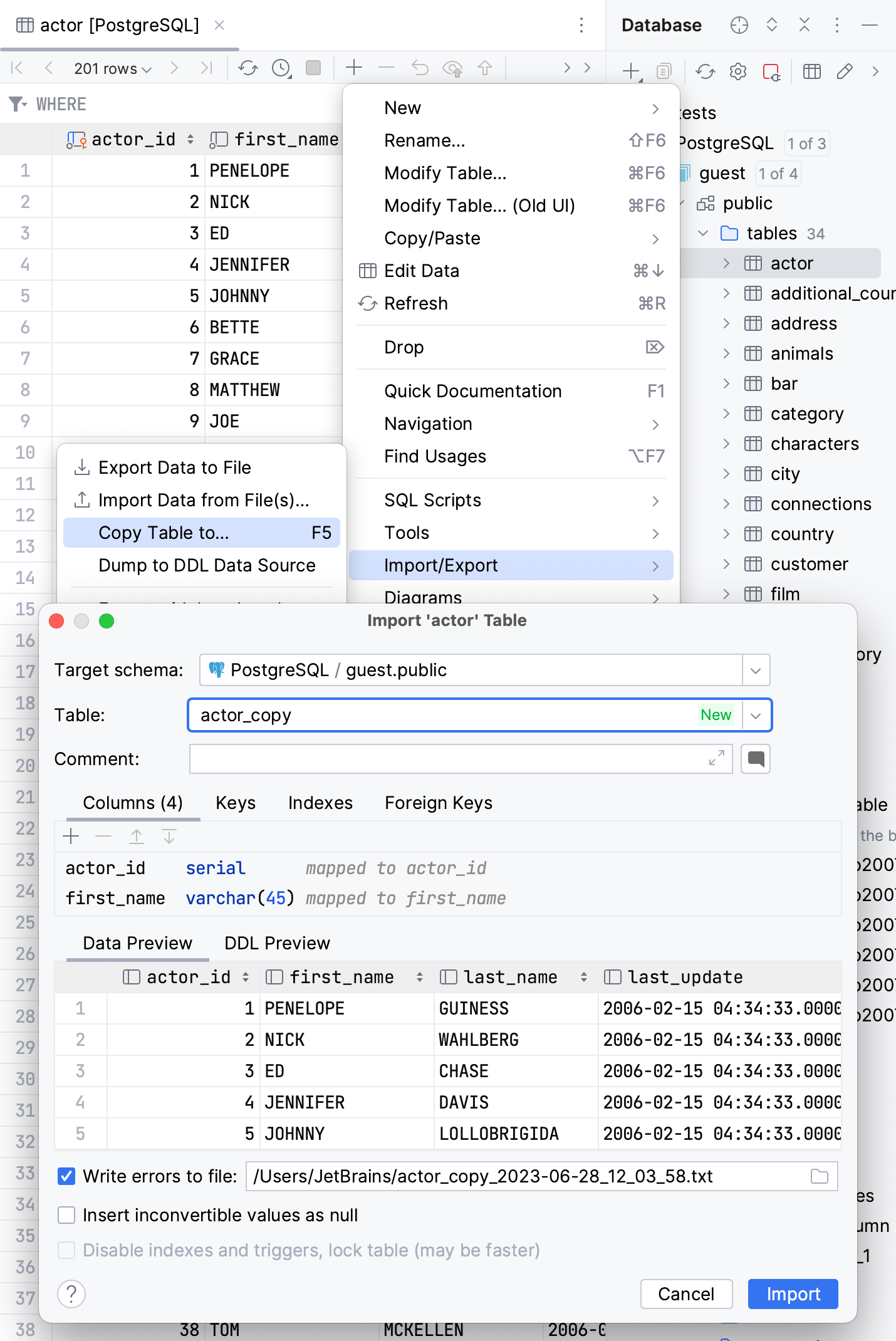 Create a table copy using context menu