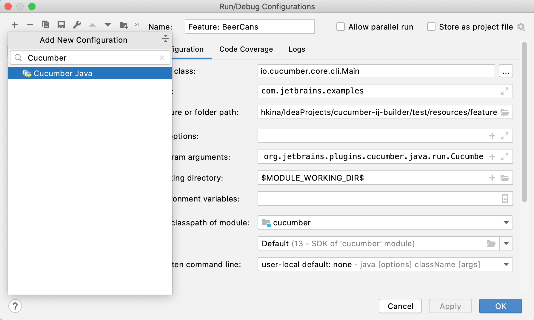 Creating new run configuration for Cucumber