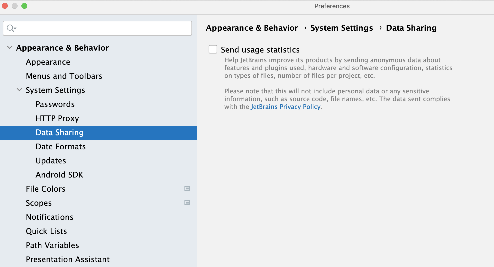 Data Sharing settings