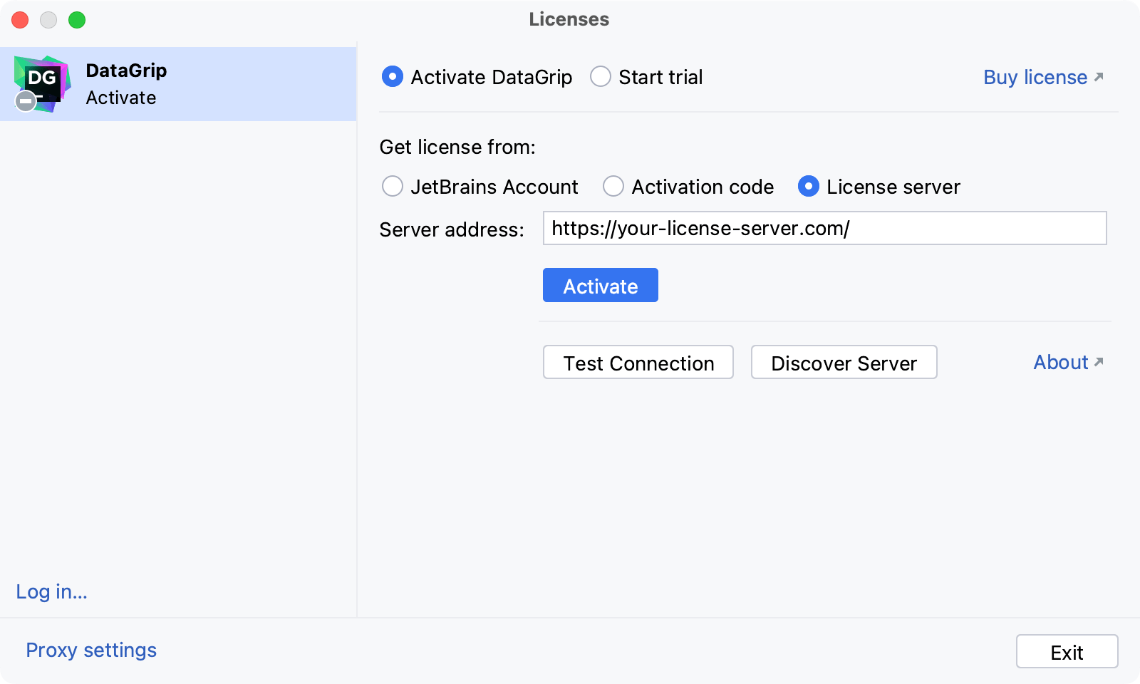 Activate DataGrip license with a license server