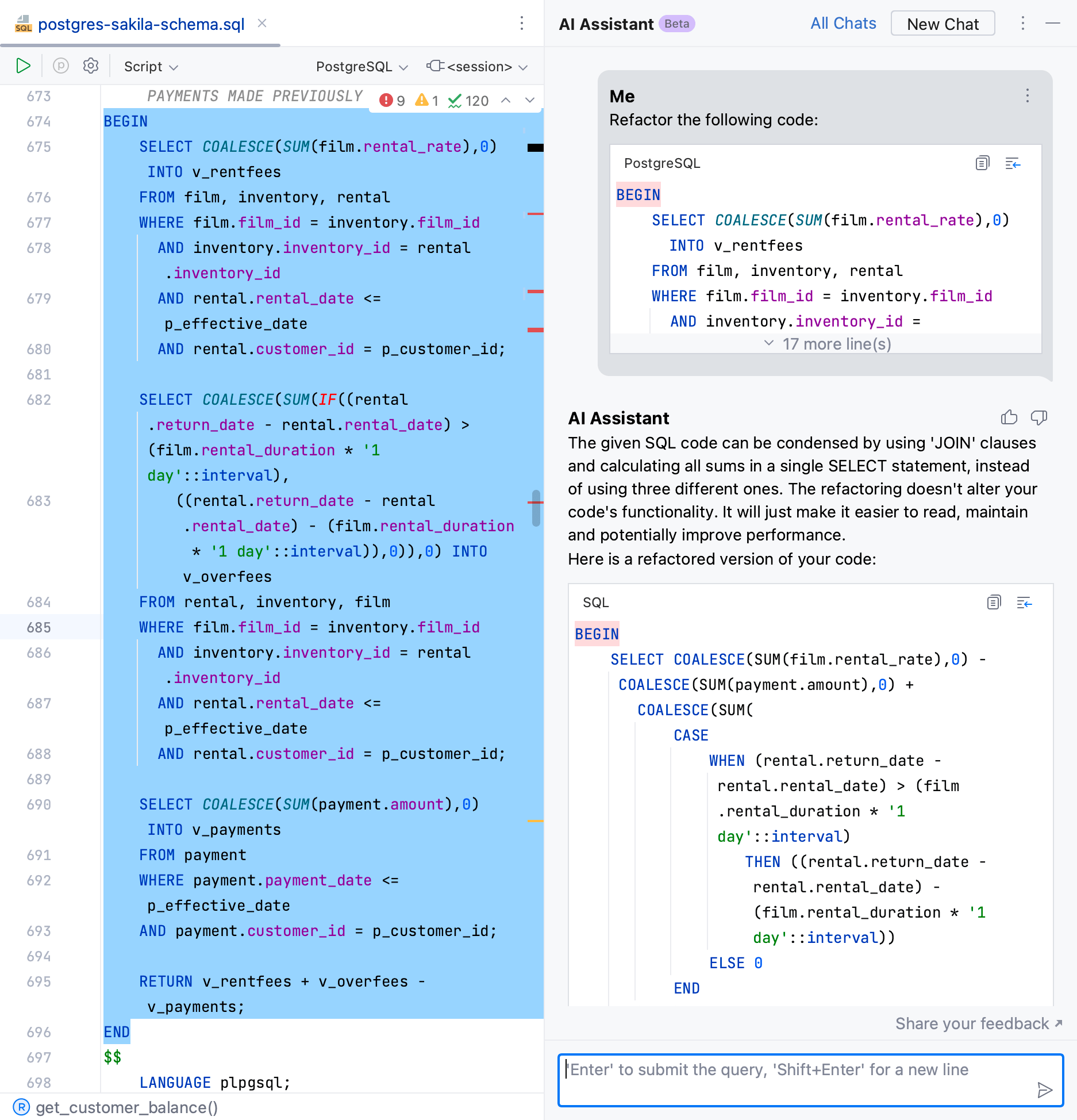 DataGrip: AI Assistant suggests refactoring