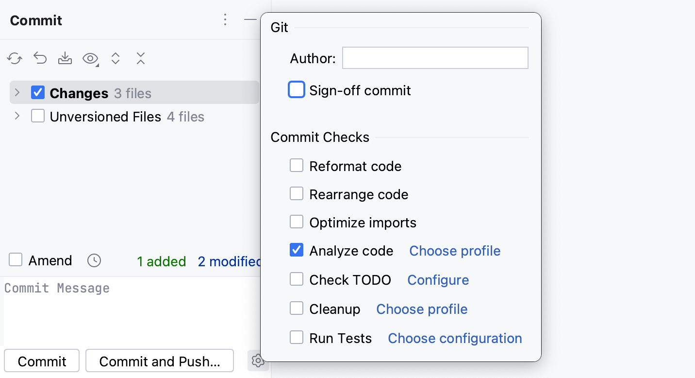 Run inspections before commit: Commit tool window