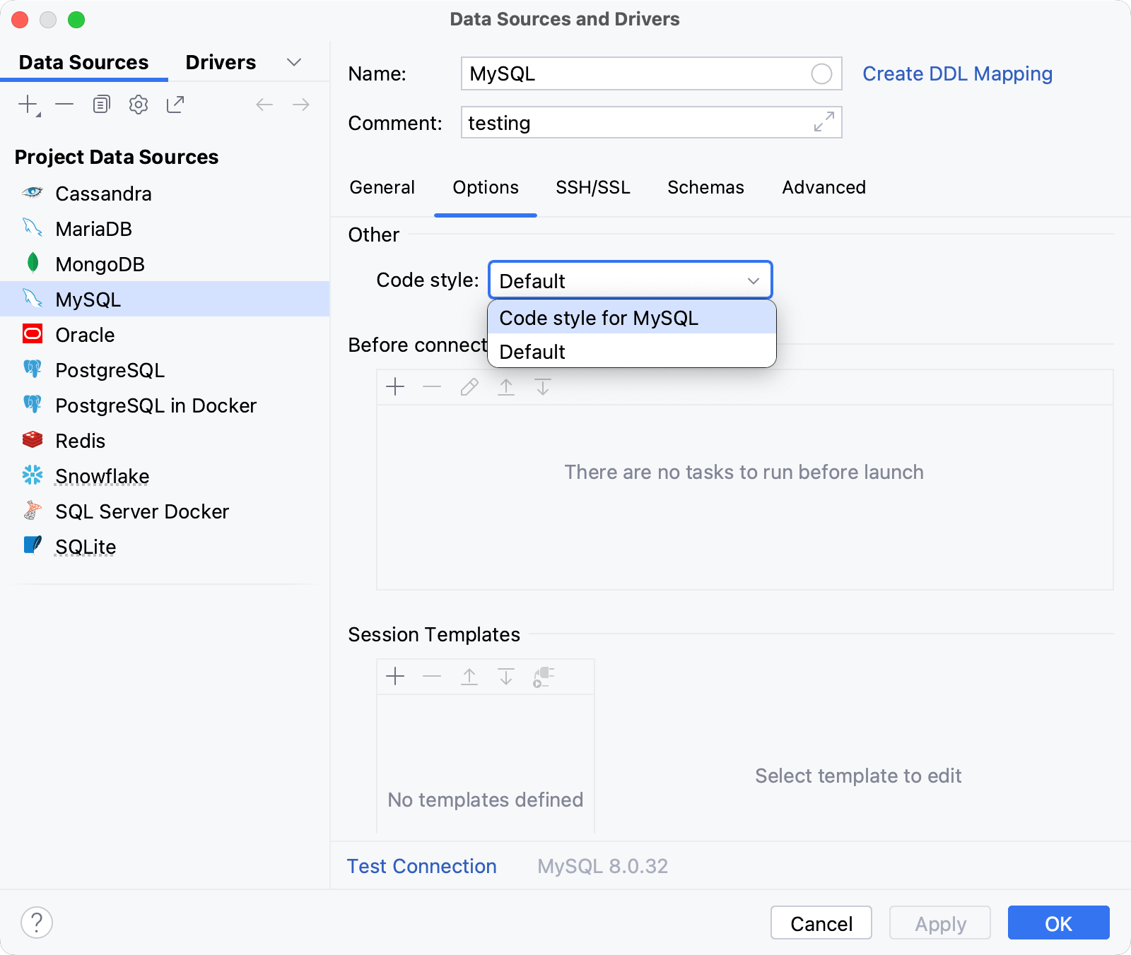 Configure code styles per data source