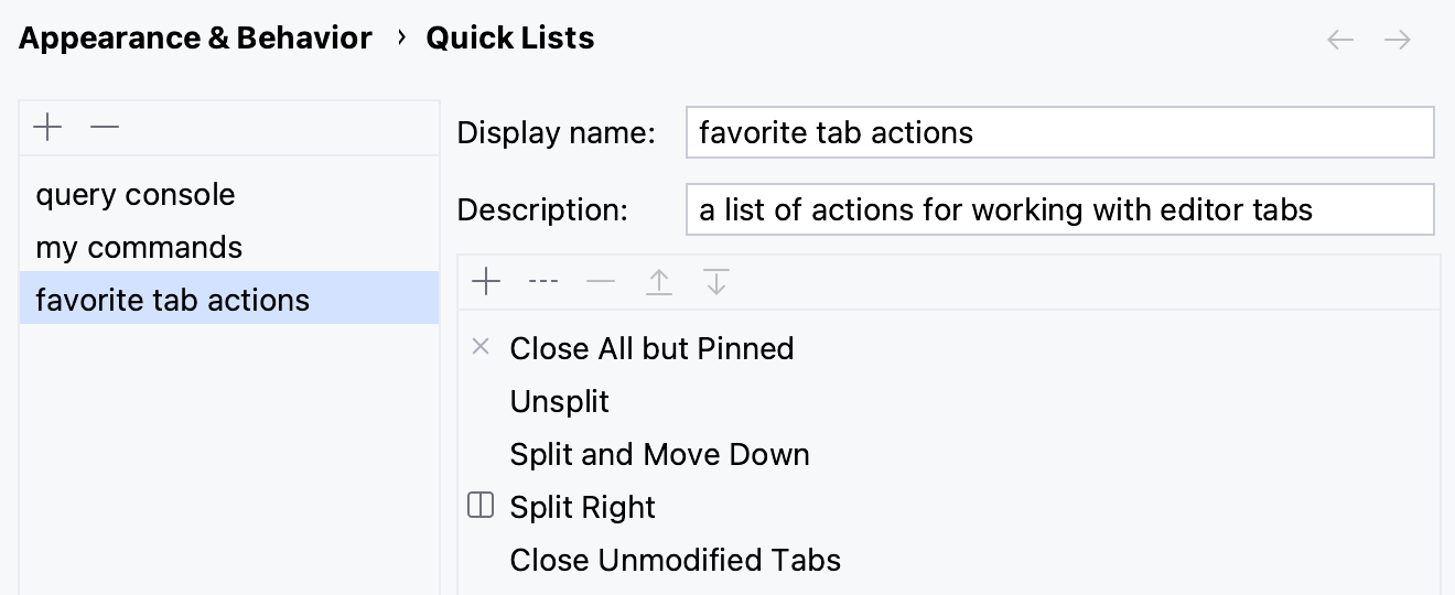 the Quick lists settings