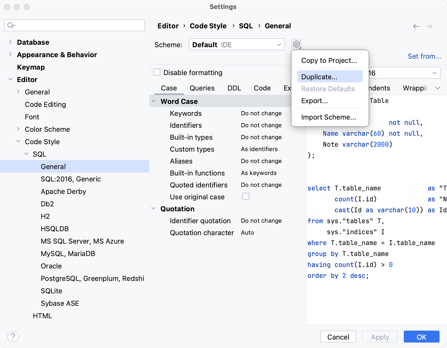 Create a code style for SQL