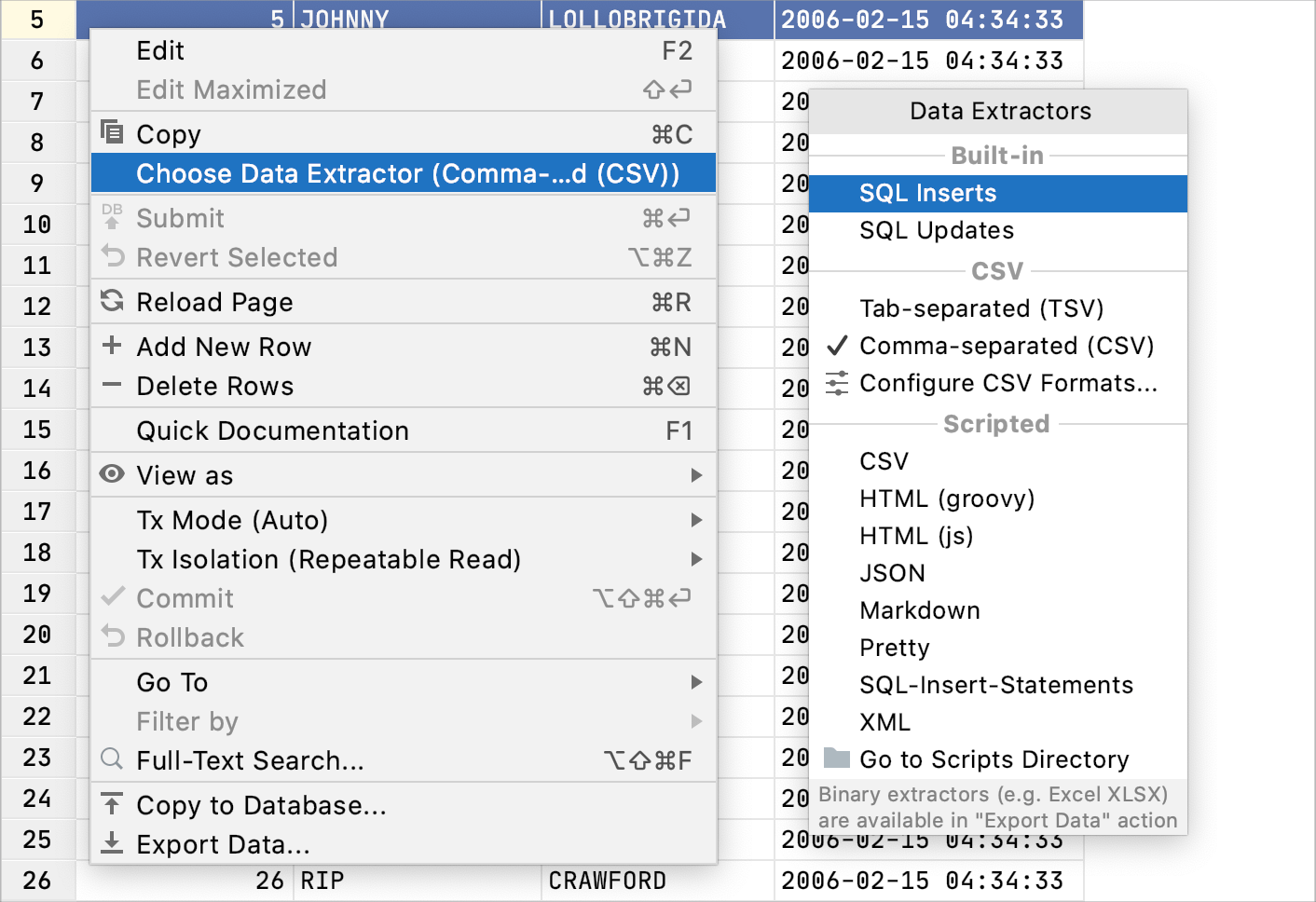 The data editor context menu