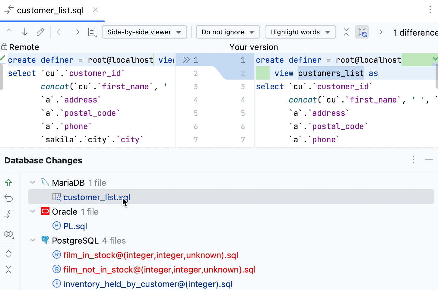 the Database Changes tool window