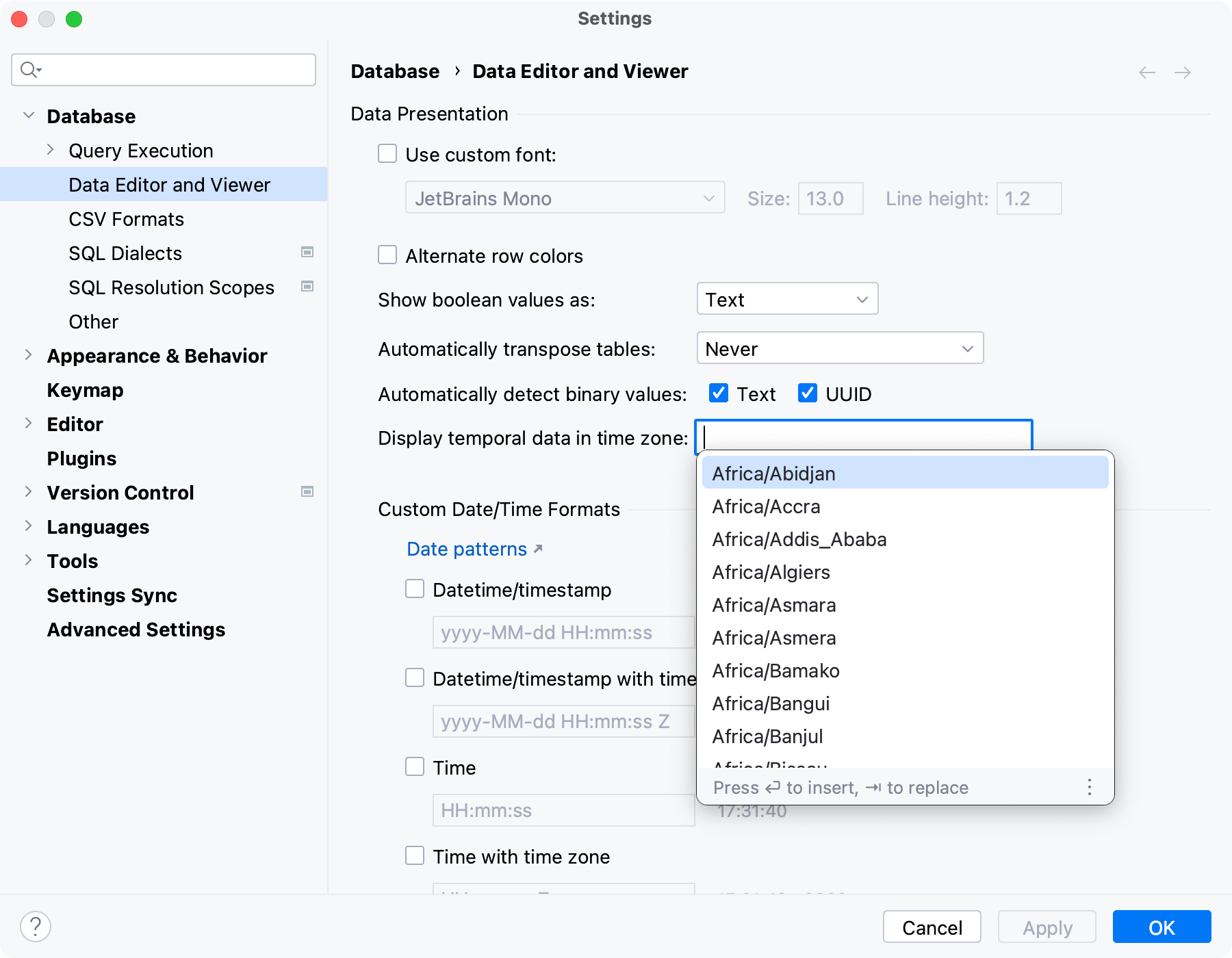 the Display temporal data in time zone setting