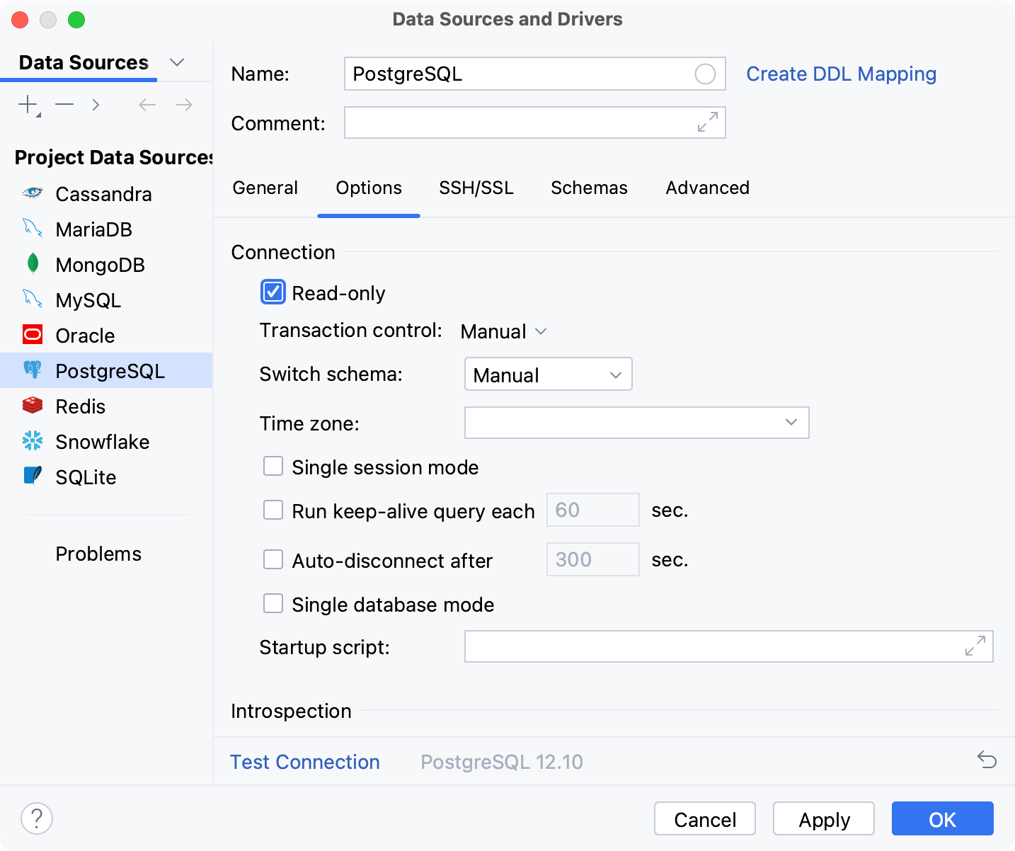 Enable read-only mode for a connection