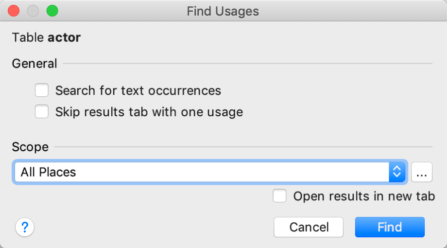 Find Usages dialog (Change Scope)