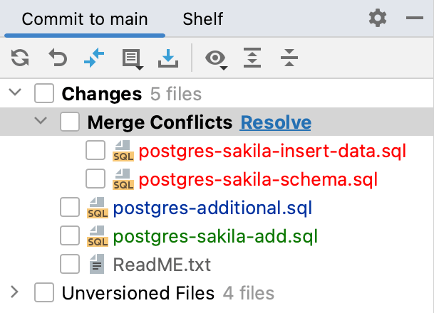 The Merge Conflicts node in the Commit to view