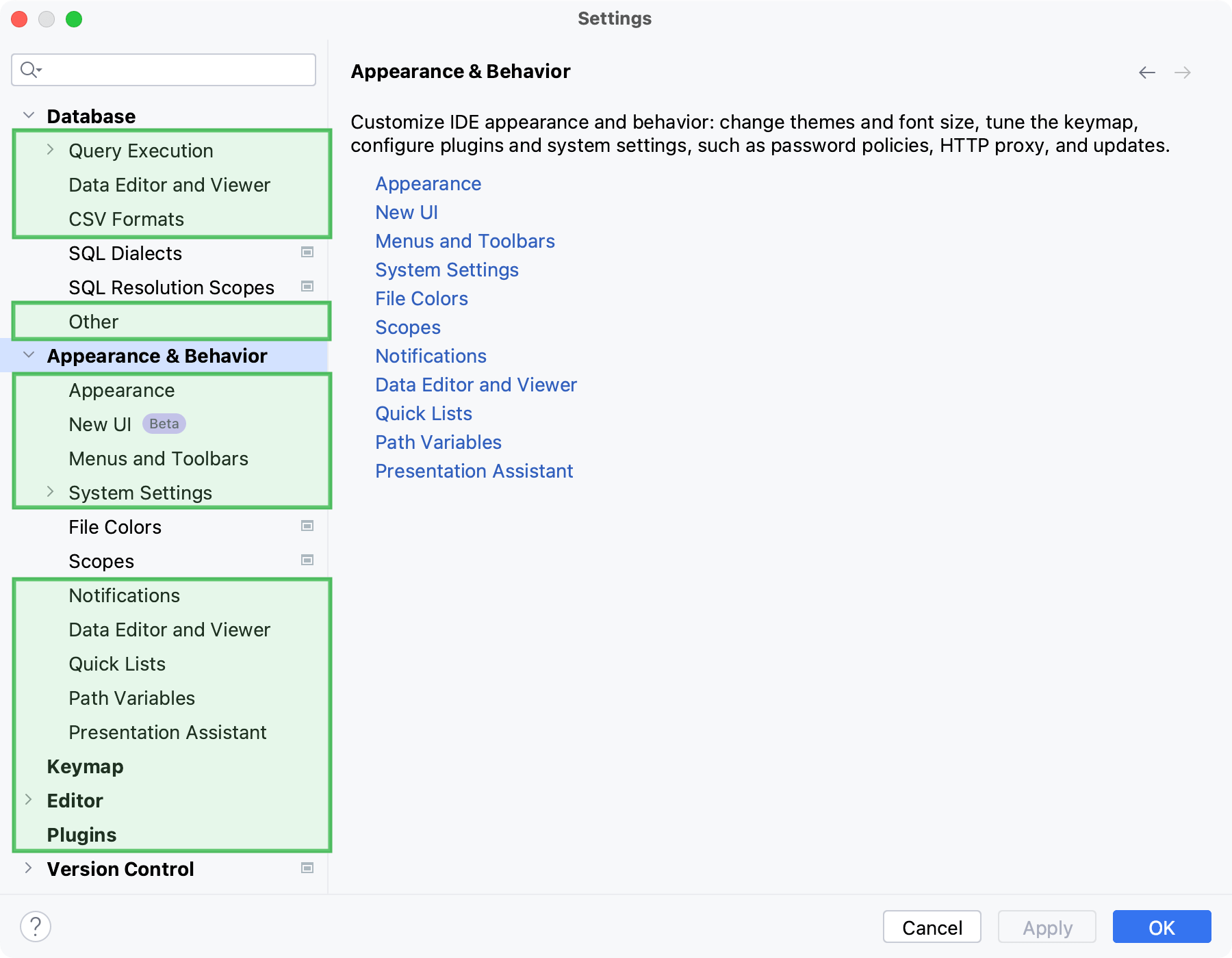 Global settings in the Settings dialog