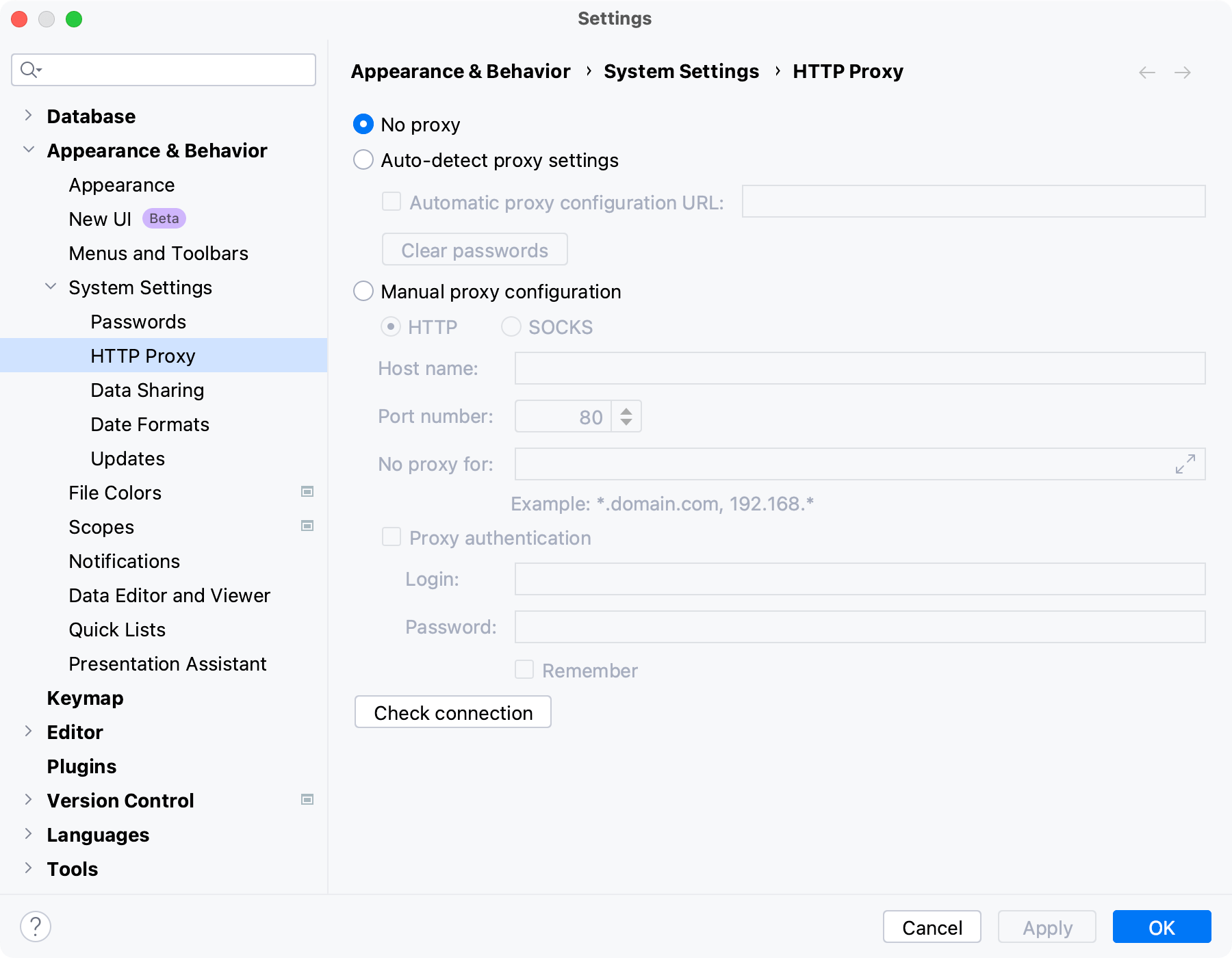 the HTTP proxy settings